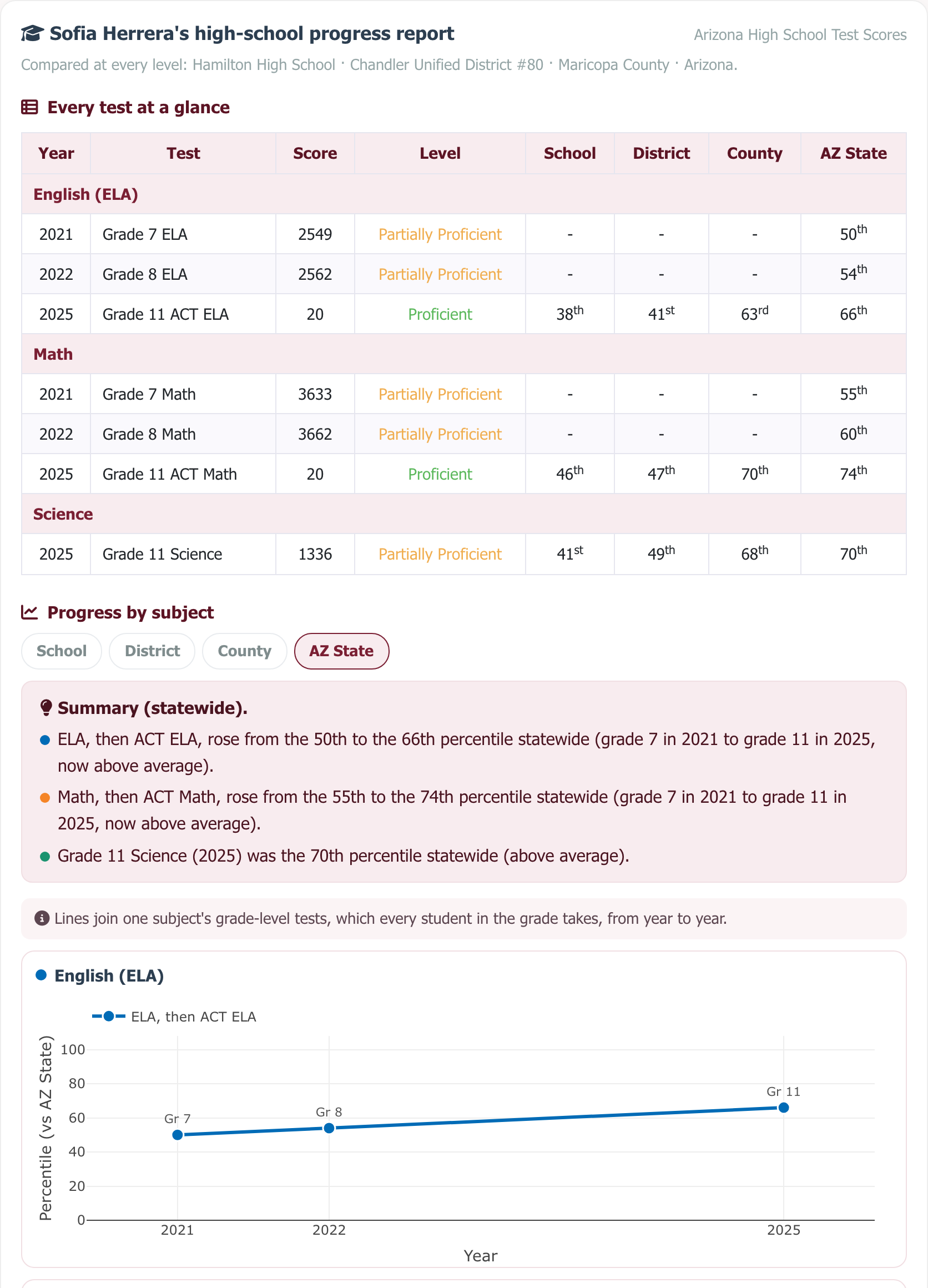 Sample high-school progress report: every test in one table and progress by subject